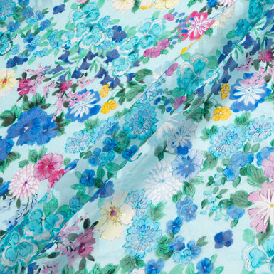 Multi-Coloured Floral Printed Blue Cotton Voile Jacquard