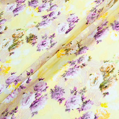 Purple Floral & Paisley Printed Yellow Cotton Voile Jacquard
