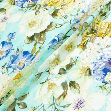 Blue & Yellow Floral Printed Turquoise Cotton Voile Jacquard