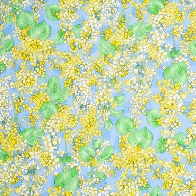 Canary Yellow Floral Printed Blue Cotton Voile