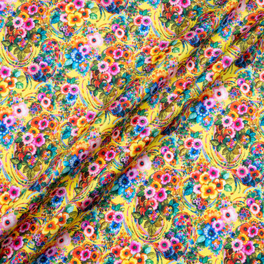 Busy Multi Floral Printed Canary Yellow Luxury Cotton