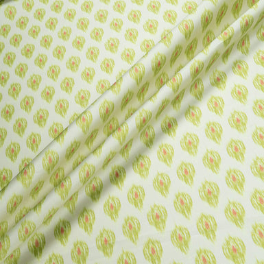 Green Ikat Printed Cream Silk Mikado