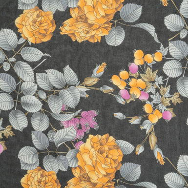 Orange & Grey Floral Printed Black Silk Georgette