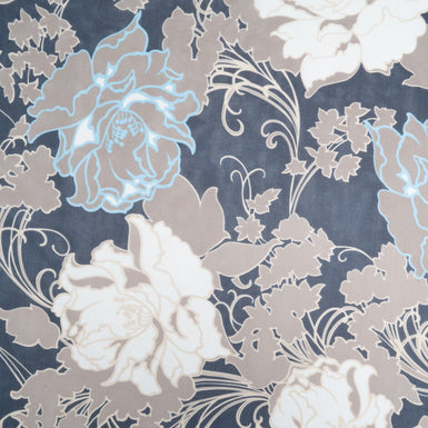 Taupe & Ivory Floral Printed Blue Silk Georgette