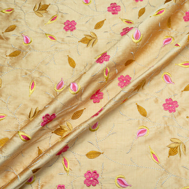 Pink Floral Embroidered Rich Beige Silk Shantung