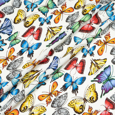 Multi-Coloured Butterfly Printed White Microfibre Crêpe