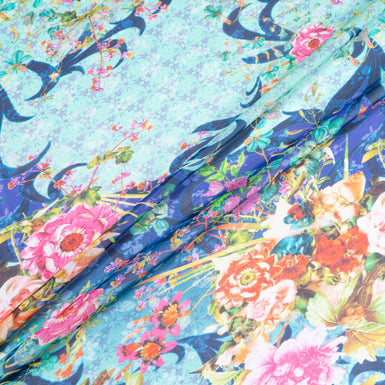 Multi-Coloured Floral Printed Blue Ombré Silk Georgette