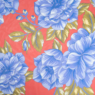 Large Blue Floral Printed Rich Red Silk Georgette