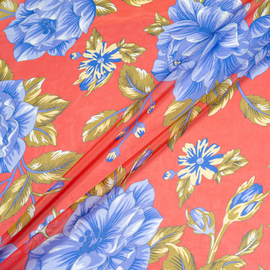 Large Blue Floral Printed Rich Red Silk Georgette