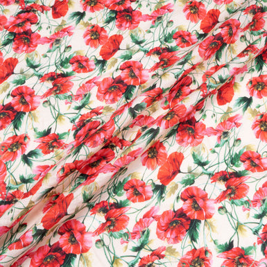 Deep Cherry Poppy Printed Vanilla Lightweight Linen