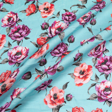 Purple & Red Floral Printed Lightweight Blue Pure Linen