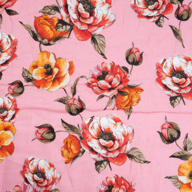 Red Floral Printed Candy Pink Pure Linen