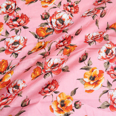 Red Floral Printed Candy Pink Pure Linen