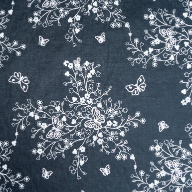 White Floral Embroidered Blue Cotton