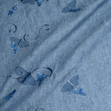 Butterfly & Floral Embroidered Denim Blue Linen