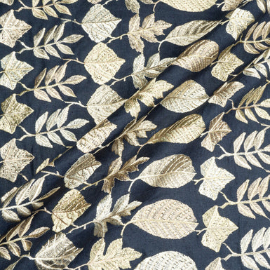 Heavy Floral Muted Gold Embroidered Midnight Linen