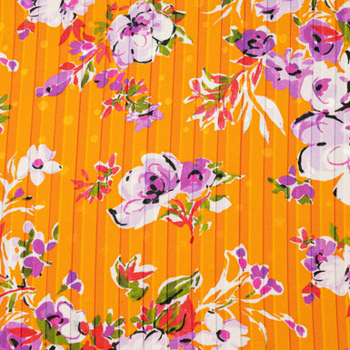Lilac & White Floral Printed Deep Orange Striped Silk Jacquard
