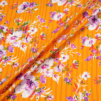 Lilac & White Floral Printed Deep Orange Striped Silk Jacquard