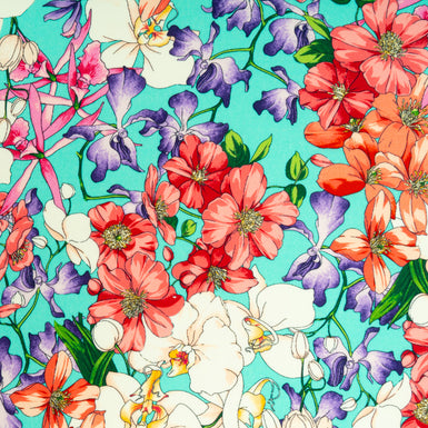 Vibrant Multi-Coloured Floral Printed Turquoise Wool Challis