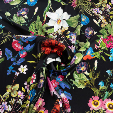 Multi-Coloured Floral Printed Black Silk Crêpe