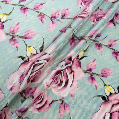Pink Rose Printed Aqua Printed Silk Striped Lamé
