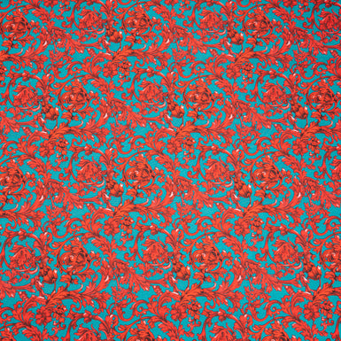 Red & Blue Fleur de Lis Printed Pure Silk twill