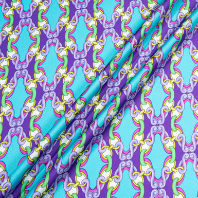 Purple & Turquoise  Geo Link Printed Silk Twill