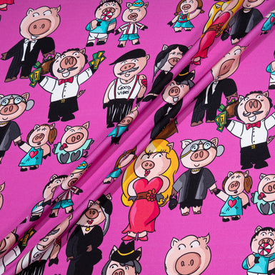 Cartoon Piggy Printed Pink Pure Silk Twill
