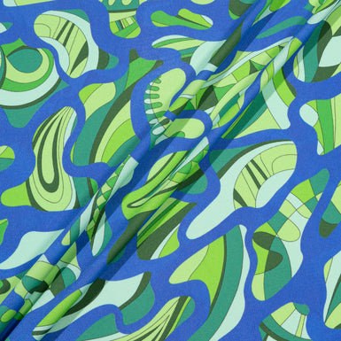 Periwinkle Blue & Green Abstract Printed Silk Blend Jersey