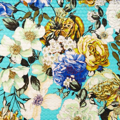 Ivory & Yellow Floral Printed Blue Cotton Blend Cloqué