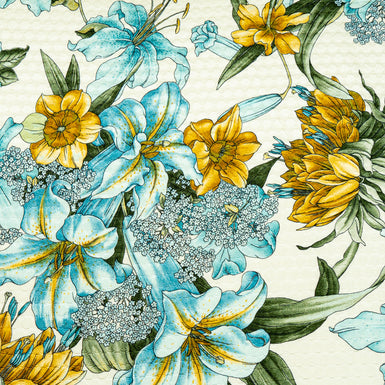 Blue & Mustard Yellow Floral Printed Ivory Cloqué