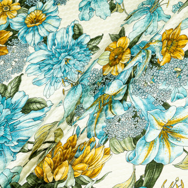 Blue & Mustard Yellow Floral Printed Ivory Cloqué