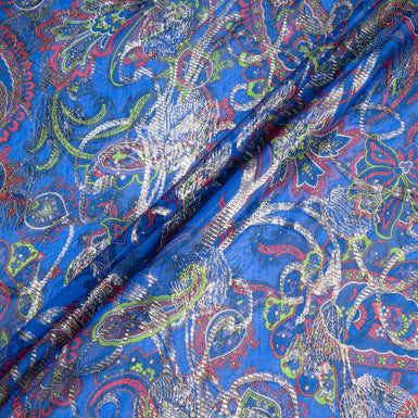 Paisley Printed Blue & Gold Metallic Silk Chiffon