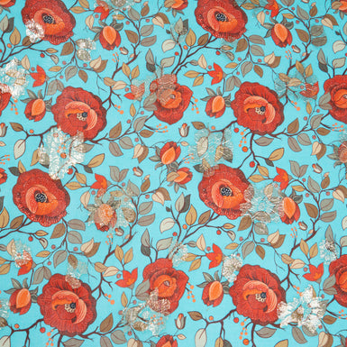 Red Poppy Printed Turquoise Silk Georgette