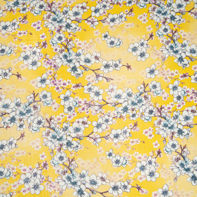 White Floral Printed Canary Yellow Pure Silk Georgette