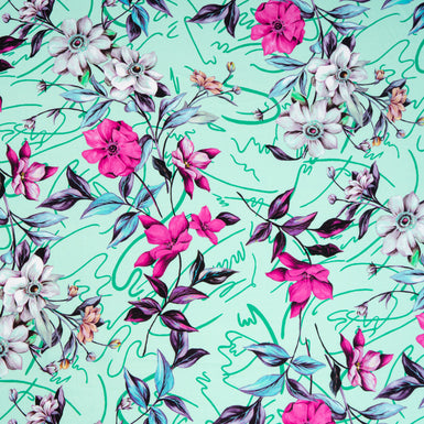 Fuchsia Pink Floral Printed Mint Green Cotton