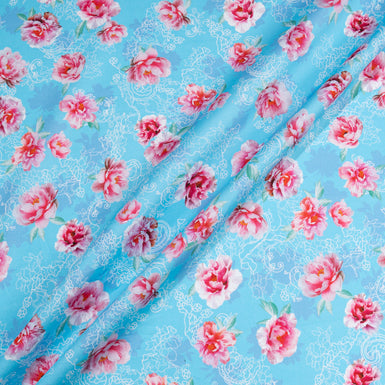 Pink Rose Printed Rich Blue Pure Cotton