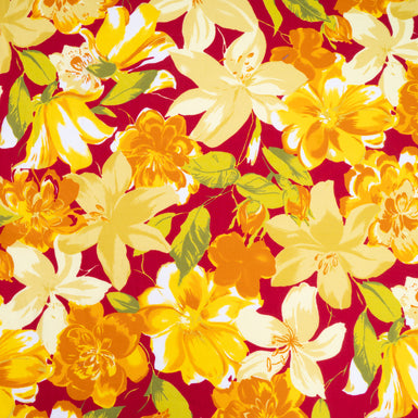 Orange & Yellow Floral Printed Deep Cherry Red Pure Cotton