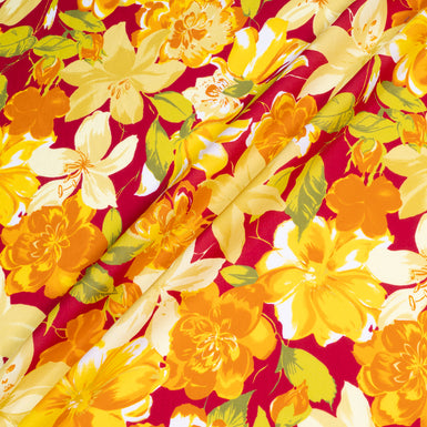 Orange & Yellow Floral Printed Deep Cherry Red Pure Cotton