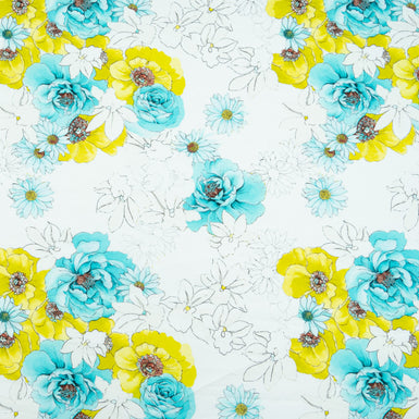 Chartreuse & Turquoise Floral Printed White Luxury Cotton
