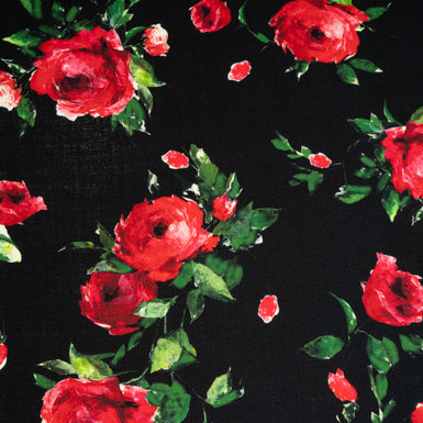 Red Rose Printed Jet Black Pure Merino Wool