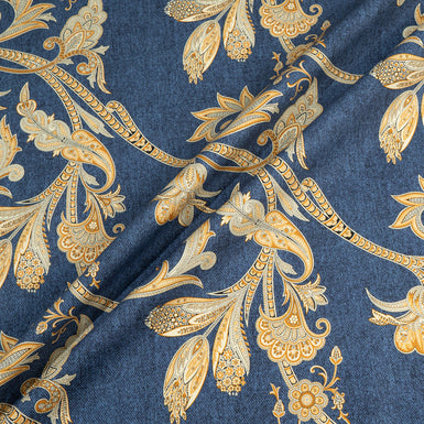 Decorative Yellow Floral Printed Blue Stretch Cotton