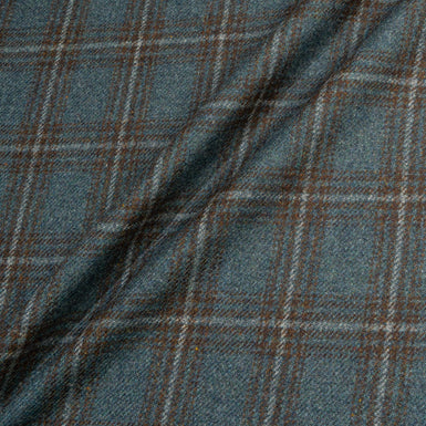 Sea Blue & Brown Checkered Wool, Cashmere & Silk Blend Suiting