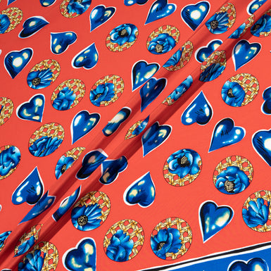 Blue Heart Printed Red Pure Silk Crêpe de Chine