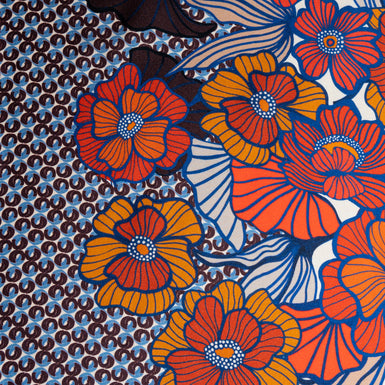 Orange, Blue & Brown Floral Printed Silk Twill