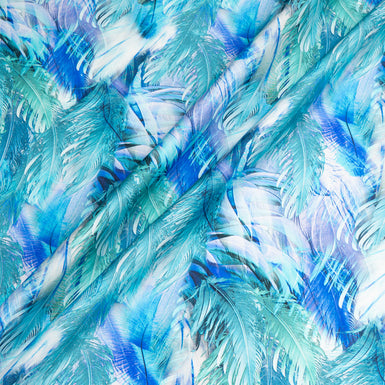 Blue, Turquoise & Lilac Feathered Leaf Printed Silk Twill