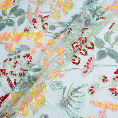 Pink, Yellow & Red Floral Embroidered Soft Mint Tulle