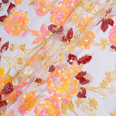 Red, Orange & Bright Pink Floral Embroidered Tulle