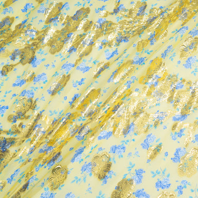 Blue Floral Printed Soft Yellow Metallic Chiffon