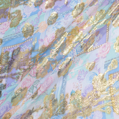 Pink & Lilac Floral on Blue Patchwork Printed Metallic Chiffon
